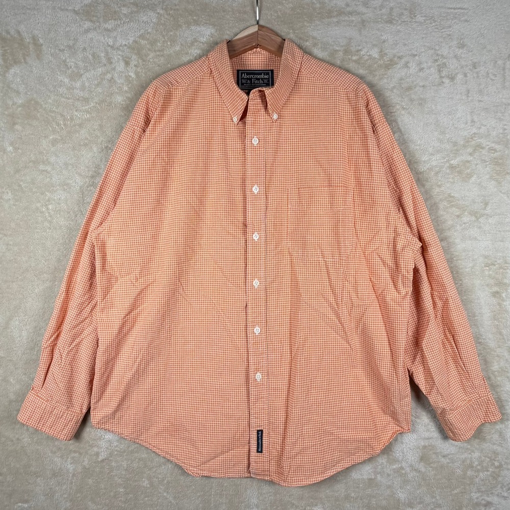Abercrombie Fitch Men's XL Orange Gingham Check Long Sleeve Button Down‎ Shirt